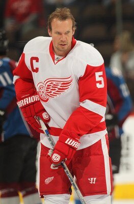 DENVER - DECEMBER 27:  Nicklas Lidstrom #5 of the Detroit Red Wings warms up prior to facing the Colorado Avalanche at the Pepsi Center on December 27, 2010 in Denver, Colorado. The Red Wings defeated the Avalanche 4-3 in overtime.  (Photo by Doug Pensing