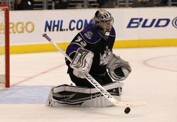 LOS ANGELES, CA - DECEMBER 23:  Goaltender Jonathan Quick #32 makes a save against the Edmonton Oilers at Staples Center on December 23, 2010 in Los Angeles, California.  The Kings won 3-2 in a shootout.  (Photo by Stephen Dunn/Getty Images)