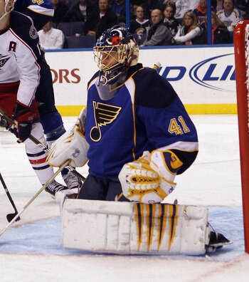 ST LOUIS, MO - DECEMBER 09:  Jaroslav Halak #41 of the St. Louis Blues tends net against the Columbus Blue Jackets at the Scottrade Center on December 9, 2010 in St Louis, Missouri.  (Photo by Bruce Bennett/Getty Images)