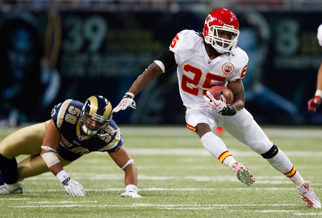 ST. LOUIS, MO - DECEMBER 19: Jamaal Charles #25 of the Kansas City Chiefs rushes against the St. Louis Rams at the Edward Jones Dome on December 19, 2010 in St. Louis, Missouri.  The Chiefs beat the Rams 27-13.  (Photo by Dilip Vishwanat/Getty Images)