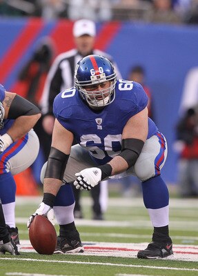 EAST RUTHERFORD, NJ - DECEMBER 19:  Shaun O'Hara #60 of the New York Giants in action against the Philadelphia Eagles during their game on December 19, 2010 at The New Meadowlands Stadium in East Rutherford, New Jersey.  (Photo by Al Bello/Getty Images)