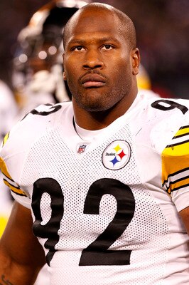 BALTIMORE, MD - DECEMBER 05:  James Harrison #92 of the Pittsburgh Steelers watches from the sidelines against the Baltimore Ravens at M&T Bank Stadium on December 5, 2010 in Baltimore, Maryland.  (Photo by Geoff Burke/Getty Images)