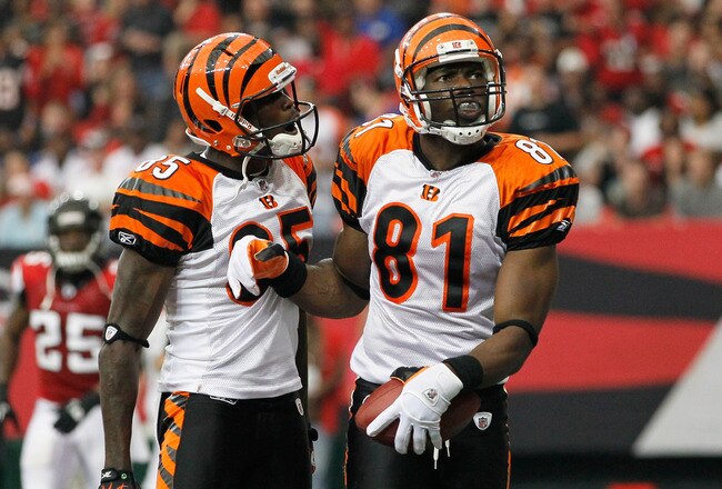 ATLANTA - OCTOBER 24:  Terrell Owens #81 of the Cincinnati Bengals celebrates his touchdown against the Atlanta Falcons with Chad Ochocinco #85 at Georgia Dome on October 24, 2010 in Atlanta, Georgia.  (Photo by Kevin C. Cox/Getty Images)