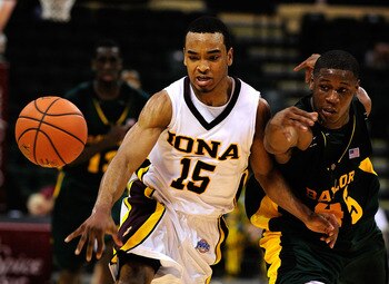 ORLANDO, FL - NOVEMBER 27:  Jermel Jenkins #15 of the Iona Gaels drives against Tweety Carter #45 of the Baylor Bears during the Old Spice Classic at Disney's Milk House on November 27, 2009 in Orlando, Florida.  (Photo by Sam Greenwood/Getty Images)