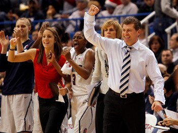 HARTFORD, CT - DECEMBER 21:  Coach Geno Auriemma of Connecticut reacts in the first half against Florida State on December 21, 2010 in Hartford, Connecticut.  (Photo by Jim Rogash/Getty Images)
