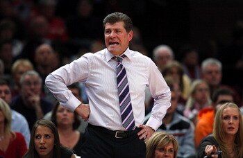 NEW YORK, NY - DECEMBER 19:  Geno Auriemma, head coach of the Connecticut Huskies works the bench against the Ohio State Buckeyes in the Maggie Dixon Classic at Madison Square Garden on December 19, 2010 in New York City.  (Photo by Jeff Zelevansky/Getty