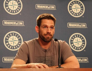 SEATTLE - JULY 09:  Cliff Lee of the Seattle Mariners speaks at a press conference announcing his trade to the Texas Rangers for first baseman Justin Smoak, pitcher Blake Beavan, Double-A Frisco reliever Josh Lueke and second baseman Matt Lawson at Safeco