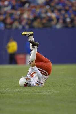 15 Dec 2001 : Bill Gramatica of the Arizona Cardinals injures himself while celebrating a field goal against the New York Giants during the game at the Meadowlands in East Rutherford, New Jersey. The Giants won 17-13. DIGITAL IMAGE. Mandatory Credit : Jam