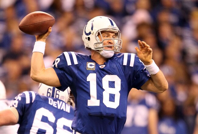 INDIANAPOLIS - JANUARY 02: Peyton Manning #18 of the Indianapolis Colts throws a pass during NFL game against the Tennessee Titans at Lucas Oil Stadium on January 2, 2011 in Indianapolis, Indiana.  (Photo by Andy Lyons/Getty Images)