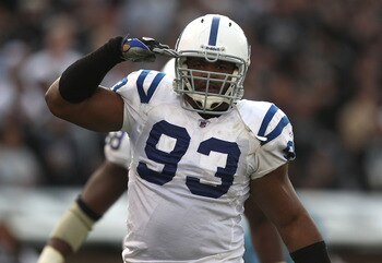 OAKLAND, CA - DECEMBER 26:  Dwight Freeney #93 of the Indianapolis Colts celebrates after a sack against the Oakland Raiders during an NFL game at Oakland-Alameda County Coliseum on December  26, 2010 in Oakland, California.  (Photo by Jed Jacobsohn/Getty