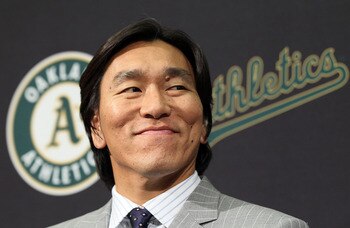 OAKLAND, CA - DECEMBER 14:  Hideki Matsui looks on during a press conference where he was introduced as the newest member of the Oakland Athletics at Oakland-Alameda County Coliseum on December 14, 2010 in Oakland, California.  The Oakland Athletics signe