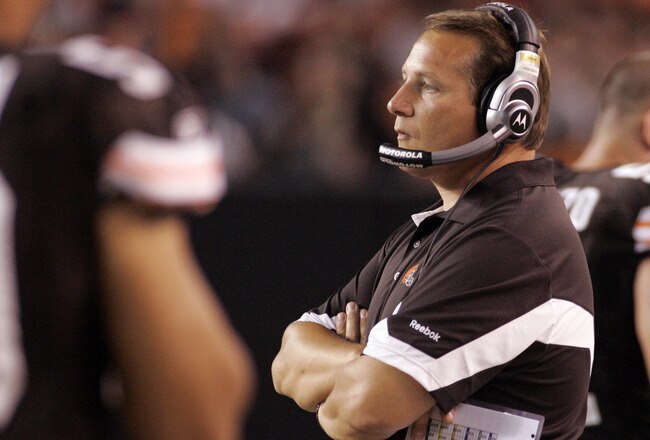 CLEVELAND - SEPTEMBER 2:  Cleveland Browns head coach Eric Mangini looks on during the preseason game against the Chicago Bears on September 2, 2010 at Cleveland Browns Stadium in Cleveland, Ohio. The Browns defeated the Bears 13-10.  (Photo by Justin K.