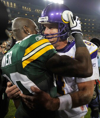 GREEN BAY, WI - OCTOBER 24:  Donald Driver #80 of the Green Bay Packers and  Brett Favre #4 of the Minnesota Vikings talk after the Packers defeated the Vikings 28-24 at Lambeau Field on October 24, 2010 in Green Bay, Wisconsin. (Photo by Jim Prisching/Ge