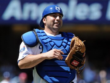 LOS ANGELES, CA - SEPTEMBER 01:  Rod Barajas #28 of the Los Angeles Dodgers reacts to his throw to first for the out of Jayson Werth #28 of the Philadelphia Phillies during the first inning at Dodger Stadium on September 1, 2010 in Los Angeles, California