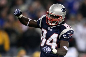 FOXBORO, MA - DECEMBER 19:  Wide receiver Deion Branch #84 of the New England Patriots celebrates a first down during the fourth quarter of the game against the Green Bay Packers at Gillette Stadium on December 19, 2010 in Foxboro, Massachusetts.  (Photo