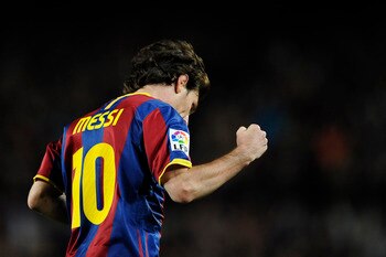 BARCELONA, SPAIN - OCTOBER 30:  Lionel Messi of Barcelona celebrates after scoring his second goal during the La Liga match between Barcelona and Sevilla FC on October 30, 2010 in Barcelona, Spain. Barcelona won the match 5-0.  (Photo by David Ramos/Getty