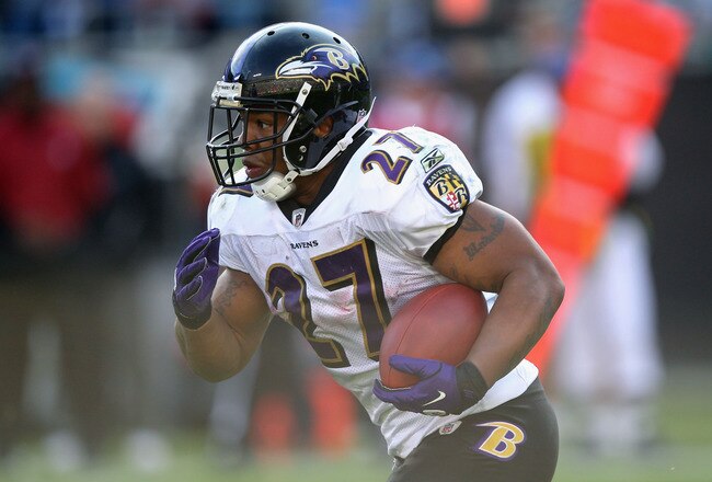 CHARLOTTE, NC - NOVEMBER 21:  Ray Rice #27 of the Baltimore Ravens against the Carolina Panthers at Bank of America Stadium on November 21, 2010 in Charlotte, North Carolina.  (Photo by Streeter Lecka/Getty Images)