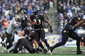 BALTIMORE, MD - DECEMBER 19:  Willis McGahee #23 of the Baltimore Ravens runs the ball during the game against the New Orleans Saints  at M&T Bank Stadium on December 19, 2010 in Baltimore, Maryland. The Ravens defeated the Saints 30-24. (Photo by Larry F