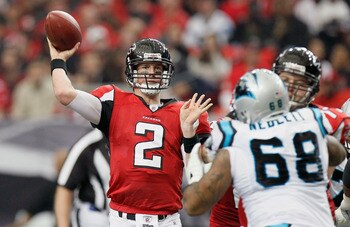 ATLANTA, GA - JANUARY 02:  Quarterback Matt Ryan #2 of the Atlanta Falcons passes against the Carolina Panthers at Georgia Dome on January 2, 2011 in Atlanta, Georgia.  (Photo by Kevin C. Cox/Getty Images)