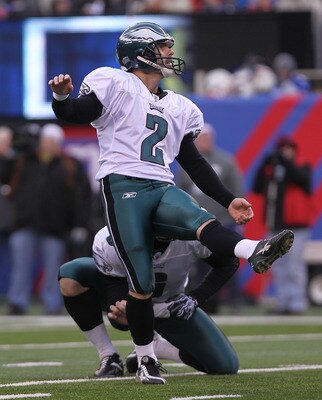 EAST RUTHERFORD, NJ - DECEMBER 19:  David Akers #2 of the Philadelphia Eagles kicks against the New York Giants at New Meadowlands Stadium on December 19, 2010 in East Rutherford, New Jersey.  (Photo by Nick Laham/Getty Images)