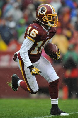 LANDOVER, MD - DECEMBER 12:  Brandon Banks #16 of the Washington Redskins runs the ball during the game against the Tampa Bay Buccaneers  at FedExField on December 12, 2010 in Landover, Maryland. The Buccaneers defeated the Redskins 17-16. (Photo by Larry