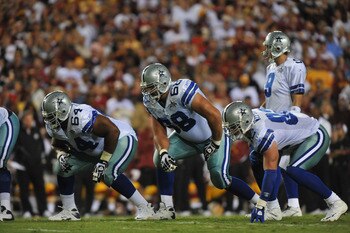 LANDOVER - SEPTEMBER 12:  Doug Free #68 of the Dallas Cowboys defends during the NFL season opener against the Washington Redskins at FedExField on September 12, 2010 in Landover, Maryland. The Redskins defeated the Cowboys 13-7. (Photo by Larry French/Ge