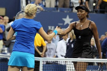 NEW YORK - SEPTEMBER 10:  (L-R) Kim Clijsters of Belgium and Venus Williams of the United States shake hands at the net after the women's semifinal match on day twelve of the 2010 U.S. Open at the USTA Billie Jean King National Tennis Center on September