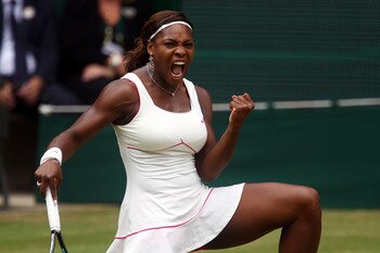 LONDON, ENGLAND - JULY 03:  Serena Williams of USA celebrates a point during the Ladies Singles Final Match against Vera Zvonareva of Russia on Day Twelve of the Wimbledon Lawn Tennis Championships at the All England Lawn Tennis and Croquet Club on July 3