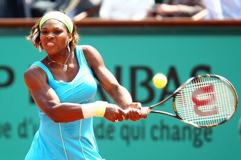PARIS - JUNE 02: Serena Williams of the United States plays a backhand during the women's singles quarter final match between Serena Williams of the United States and Samantha Stosur of Australia at the French Open on day eleven of the French Open at Rola