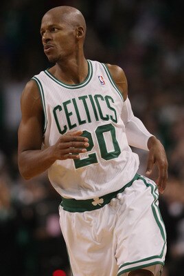 BOSTON - NOVEMBER 05:  Ray Allen #20 of the Boston Celtics celebrates his dunk in overtime against the Chicago Bulls on November 5, 2010 at the TD Garden in Boston, Massachusetts. The Celtics defeated the Bulls 110-105 in overtime. NOTE TO USER: User expr