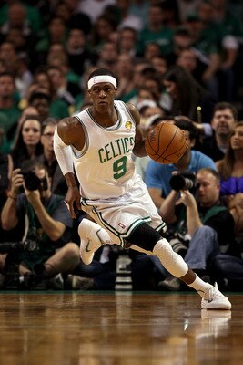 BOSTON - JUNE 13:  Rajon Rondo #9 of the Boston Celtics drives the ball upcourt against the Los Angeles Lakers in the second quarter during Game Five of the 2010 NBA Finals on June 13, 2010 at TD Garden in Boston, Massachusetts. NOTE TO USER: User express