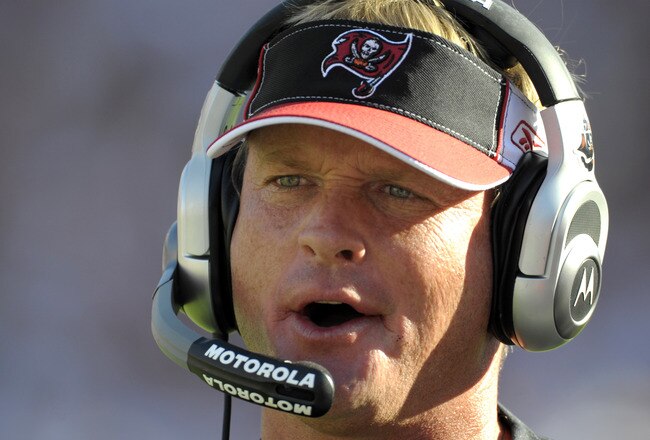 TAMPA, FL - DECEMBER 28: Coach Jon Gruden of the Tampa Bay Buccaneers directs play against the Oakland Raiders at Raymond James Stadium on December 28, 2008 in Tampa, Florida.  (Photo by Al Messerschmidt/Getty Images)