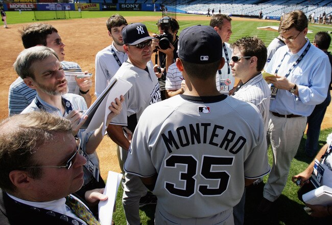 NEW YORK - JULY 13:  Jesus Montero #35 of the New York Yankees and playing for the World Futures Team speaks to the media during batting practice before the 2008 XM All-Star Futures Game at Yankee Stadium on July 13, 2008 in the Bronx borough of New York