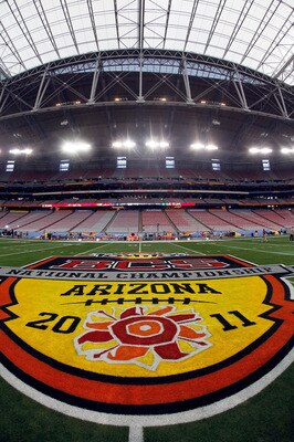 GLENDALE, AZ - JANUARY 10:  A view of the logo at mid-field at the Tostitos BCS National Championship Game before the Oregon Ducks and the Auburn Tigers take the field at University of Phoenix Stadium on January 10, 2011 in Glendale, Arizona.  (Photo by J