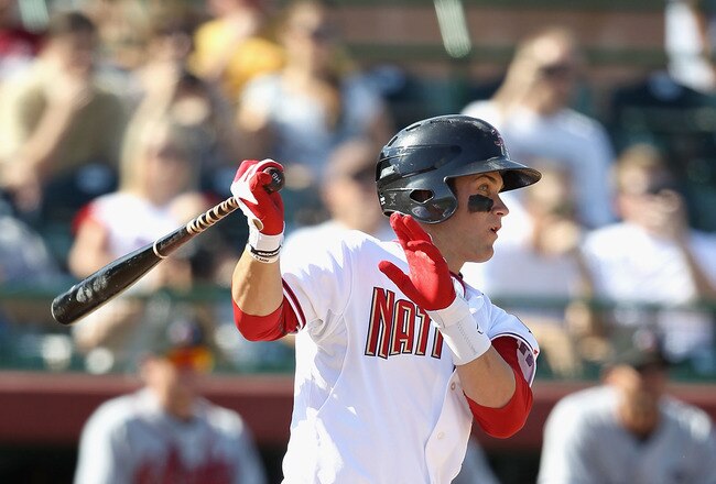 SCOTTSDALE, AZ - OCTOBER 23:  Washington Nationals prospect Bryce Harper #34 playing for the Scottsdale Scorpions hits a single against the Phoenix Desert Dogs during the AZ Fall League game at Scottsdale Stadium on October 23, 2010 in Scottsdale, Arizona