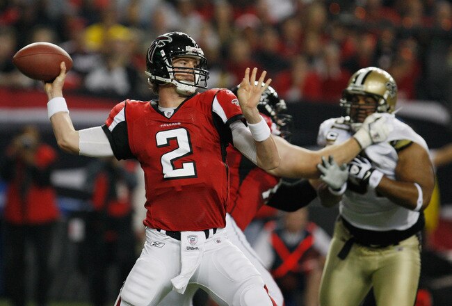 ATLANTA, GA - DECEMBER 27:  Matt Ryan #2 of the Atlanta Falcons looks upfield to pass during the first half of the game against the New Orleans Saints at the Georgia Dome on December 27, 2010 in Atlanta, Georgia.  (Photo by Scott Halleran/Getty Images)