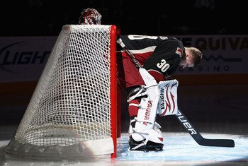 GLENDALE, AZ - JANUARY 04:  Goaltender Ilya Bryzgalov #30 of the Phoenix Coyotes is introduced before the NHL game against the Columbus Blue Jackets at Jobing.com Arena on January 4, 2011 in Glendale, Arizona.  The Coyotes defeated the Blue Jackets 4-2.