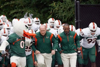 DURHAM, NC - OCTOBER 18:  Head coach Randy Shannon of the Miami Hurricanes leads his team onto the field before the game against the Duke Blue Devils at Wallace Wade Stadium on October 18, 2008 in Durham, North Carolina.  (Photo by Kevin C. Cox/Getty Imag