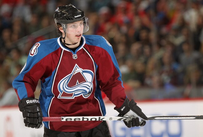 DENVER, CO - JANUARY 10:  Matt Duchene #9 of the Colorado Avalanche looks on during a break in the action against the Detroit Red Wings at the Pepsi Center on January 10, 2011 in Denver, Colorado. Duchene earned the number one star as he scored two goals