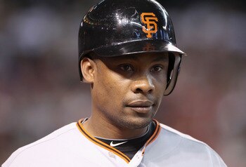 PHOENIX - SEPTEMBER 06:  Jose Guillen #6 of the San Francisco Giants during the Major League Baseball game against the Arizona Diamondbacks at Chase Field on September 6, 2010 in Phoenix, Arizona. The Giants defeated the Diamondbacks 2-0 in eleven innings