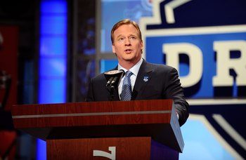 NEW YORK - APRIL 22:  NFL Commissioner Roer Goodell speaks at the podium during the first round of the 2010 NFL Draft at Radio City Music Hall on April 22, 2010 in New York City.  (Photo by Jeff Zelevansky/Getty Images)