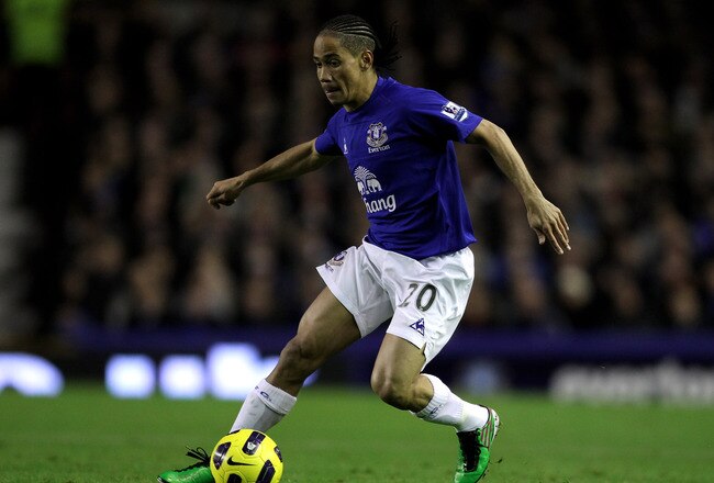 LIVERPOOL, ENGLAND - JANUARY 05:  Steven Pienaar of Everton in action during the Barclays Premier League match between Everton and Tottenham Hotspur at Goodison Park on January 5, 2011 in Liverpool, England. (Photo by Alex Livesey/Getty Images)
