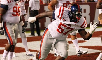 TUSCALOOSA, AL - OCTOBER 16:  Jerrell Powe #57 of the Ole Miss Rebels against the Alabama Crimson Tide at Bryant-Denny Stadium on October 16, 2010 in Tuscaloosa, Alabama.  (Photo by Kevin C. Cox/Getty Images)