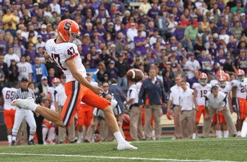 SEATTLE - SEPTEMBER 11:  Rob Long #47 of the Syracuse Orange punts against the Washington Huskies on September 11, 2010 at Husky Stadium in Seattle, Washington. (Photo by Otto Greule Jr/Getty Images)