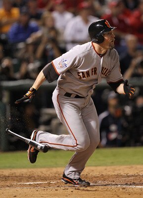 ARLINGTON, TX - NOVEMBER 01:  Aubrey Huff #17 of the San Francisco Giants  bats against the Texas Rangers in Game Five of the 2010 MLB World Series at Rangers Ballpark in Arlington on November 1, 2010 in Arlington, Texas.  (Photo by Ronald Martinez/Getty
