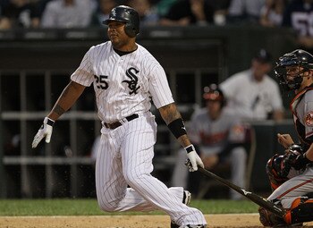 CHICAGO - AUGUST 25: Andruw Jones #25 of the Chicago White Sox hits the ball against the Baltimore Orioles at U.S. Cellular Field on August 25, 2010 in Chicago, Illinois. The Orioles defeated the White Sox 4-2. (Photo by Jonathan Daniel/Getty Images)