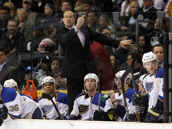 LOS ANGELES, CA - JANUARY 13: Head coach Davis Payne of the St. Louis Blues gives players last minute instructions in their game against the Los Angeles Kings at the Staples Center on January 13, 2011 in Los Angeles, California. The Blues defeated the Kin