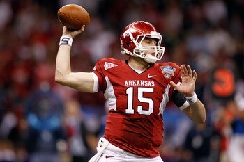 NEW ORLEANS, LA - JANUARY 04:  Ryan Mallett #15 of the Arkansas Razorbacks looks to pass against the Ohio State Buckeyes during the Allstate Sugar Bowl at the Louisiana Superdome on January 4, 2011 in New Orleans, Louisiana.  (Photo by Chris Graythen/Gett