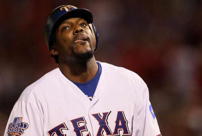 ARLINGTON, TX - OCTOBER 31:  Vladimir Guerrero #27 of the Texas Rangers reacts after he struck out in the seventh inning against the San Francisco Giants in Game Four of the 2010 MLB World Series at Rangers Ballpark in Arlington on October 31, 2010 in Arl