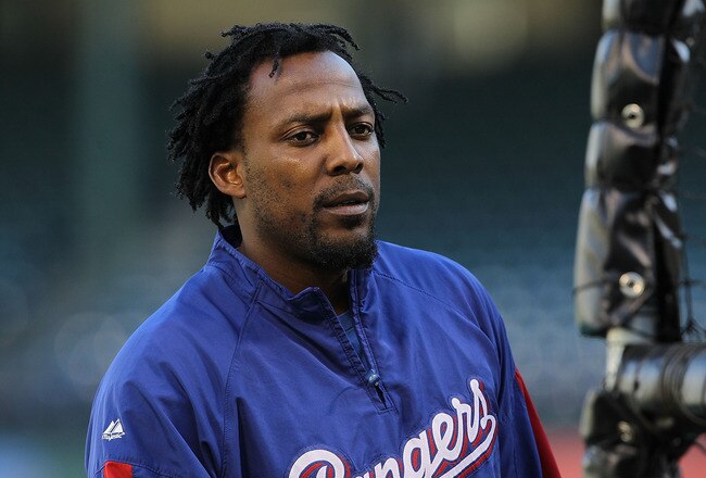 ARLINGTON, TX - OCTOBER 29:  Vladimir Guerrero #27 of the Texas Rangers during a team workout for the 2010 World Series at Rangers Ballpark in Arlington on October 29, 2010 in Arlington, Texas.  (Photo by Ronald Martinez/Getty Images)